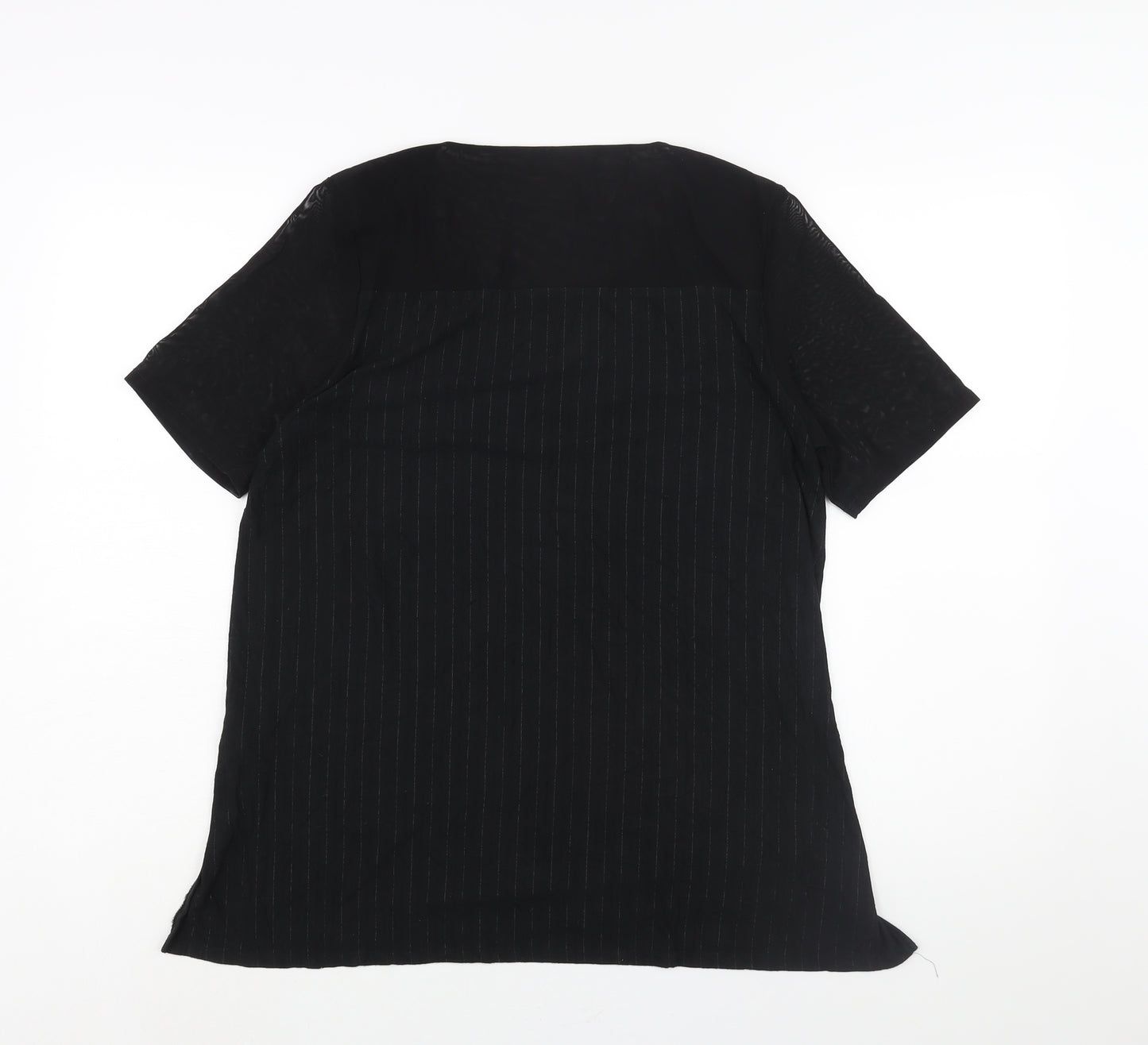 Autograph Womens Black Striped Viscose Basic Blouse Size 14 Round Neck - Mesh Sleeves