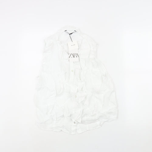 Zara Womens White Linen Camisole Blouse Size L Round Neck - Frill
