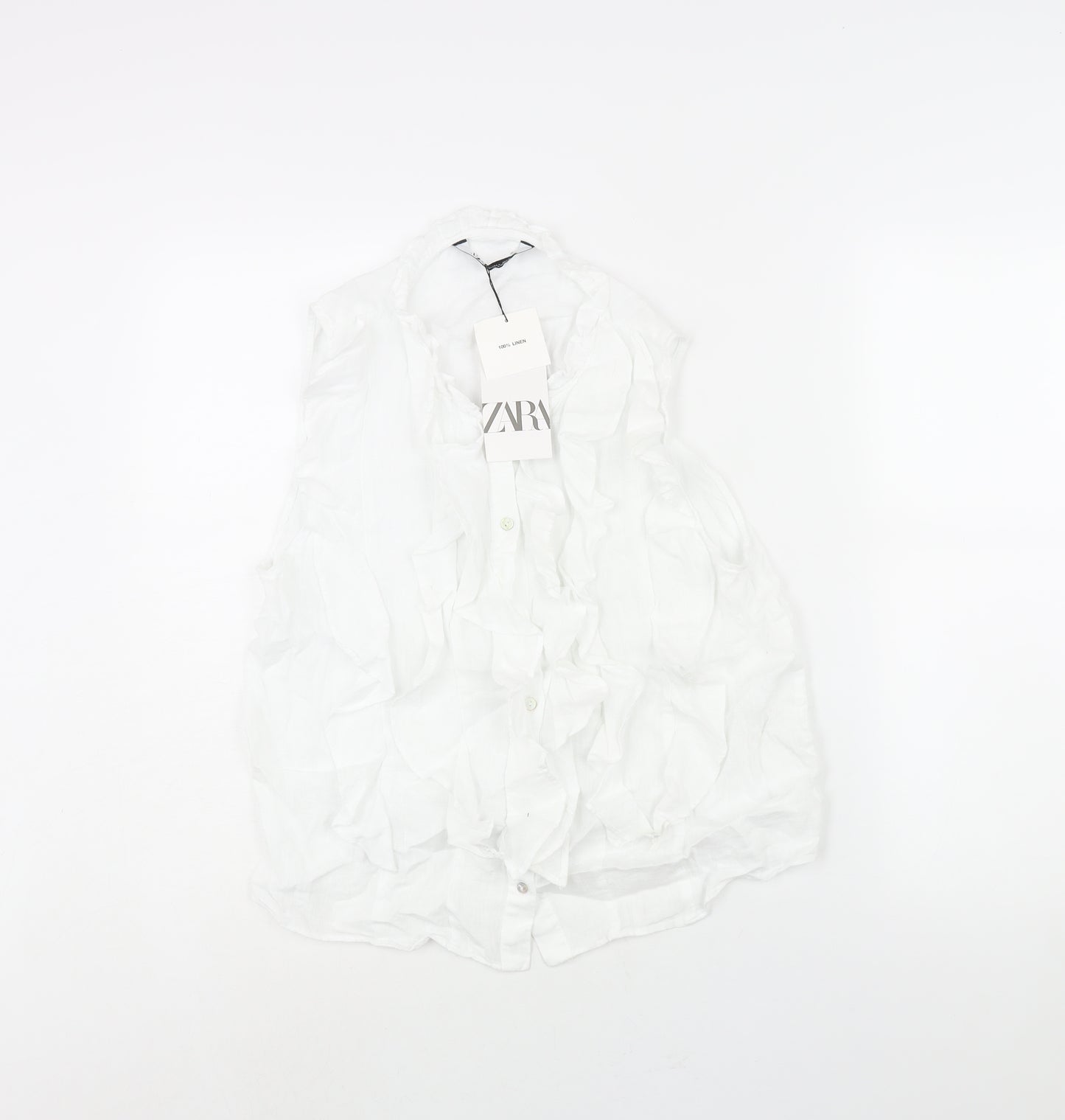 Zara Womens White Linen Camisole Blouse Size L Round Neck - Frill