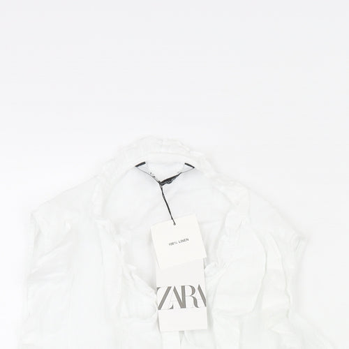Zara Womens White Linen Camisole Blouse Size L Round Neck - Frill