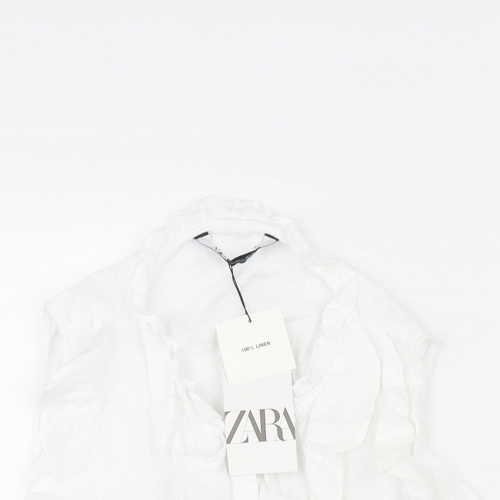 Zara Womens White Linen Camisole Blouse Size L Round Neck - Frill
