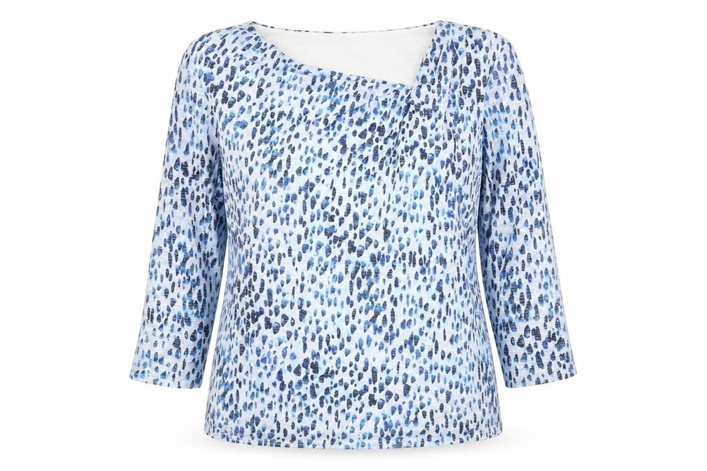 Front view of Classics women’s blue geometric polyester basic blouse, size UK 12, square neck