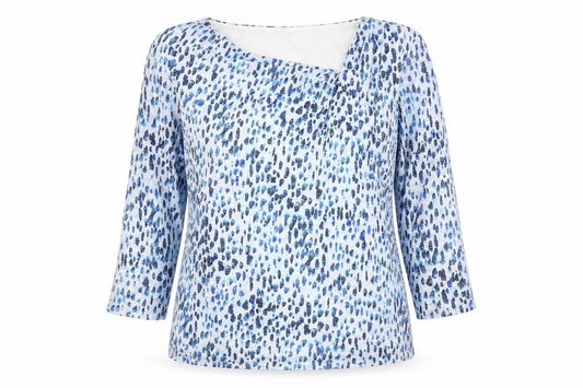 Front view of Classics women’s blue geometric polyester basic blouse, size UK 12, square neck