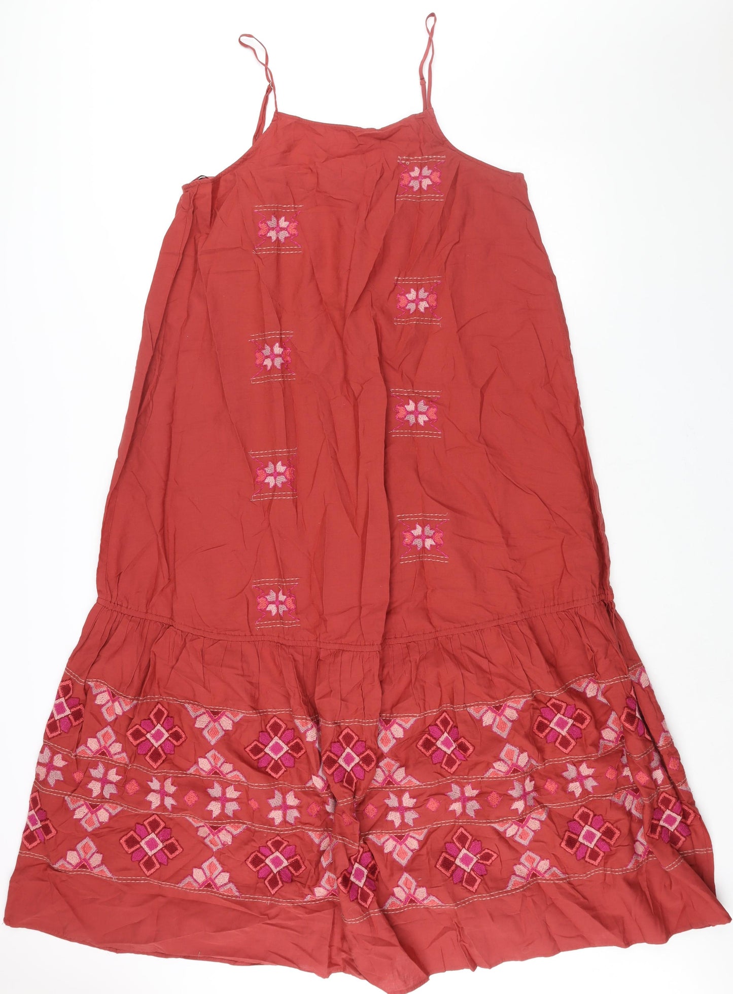 Zara Womens Red Cotton Maxi Size L Scoop Neck Pullover - Geometric Embroidery