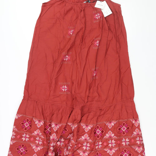 Zara Womens Red Cotton Maxi Size L Scoop Neck Pullover - Geometric Embroidery