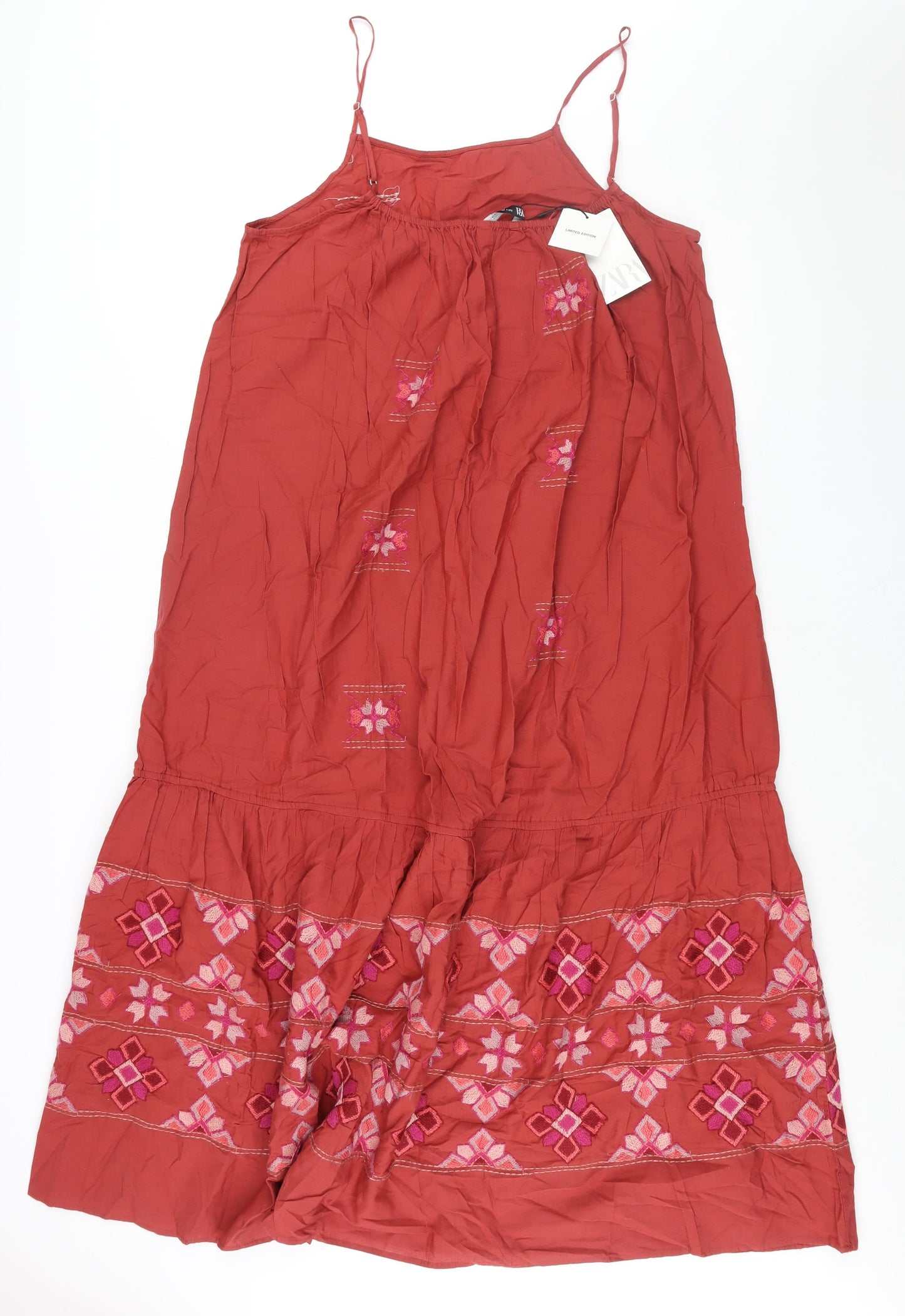 Zara Womens Red Cotton Maxi Size L Scoop Neck Pullover - Geometric Embroidery