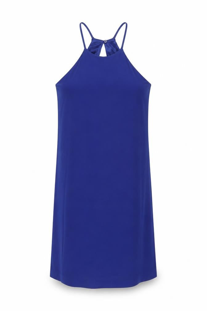 Front view of Mango women’s blue polyester shift, size S, square neck button