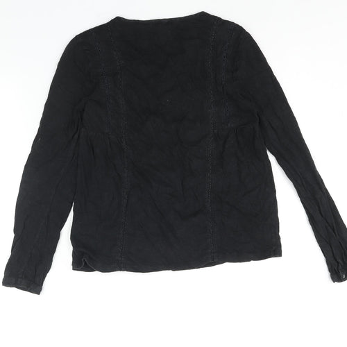 Fat Face Womens Black Cotton Basic Blouse Size 6 Round Neck - Lace Detail