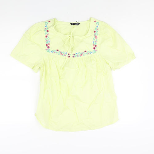 Marks and Spencer Womens Green Cotton Basic Blouse Size 8 Round Neck - Floral Embroidery