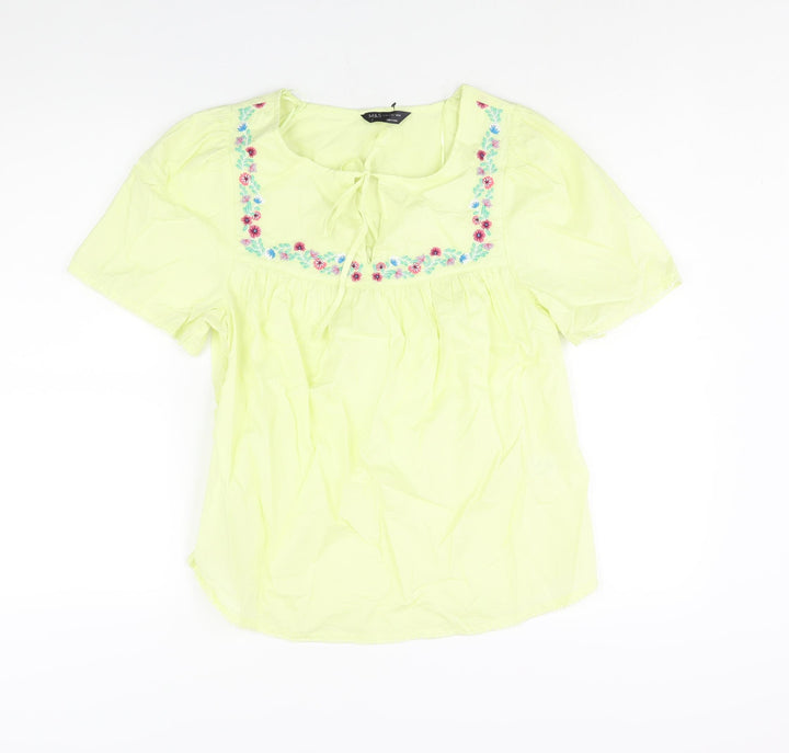 Marks and Spencer Womens Green Cotton Basic Blouse Size 8 Round Neck - Floral Embroidery