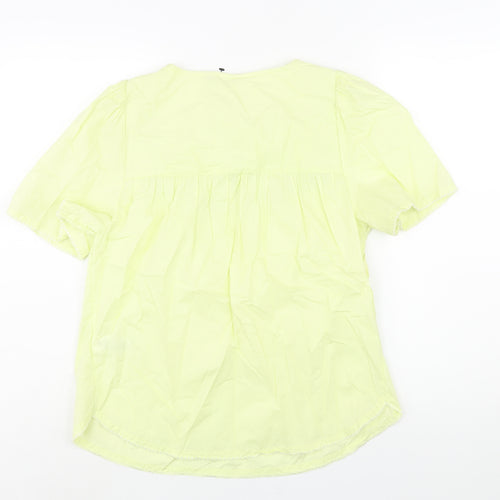 Marks and Spencer Womens Green Cotton Basic Blouse Size 8 Round Neck - Floral Embroidery