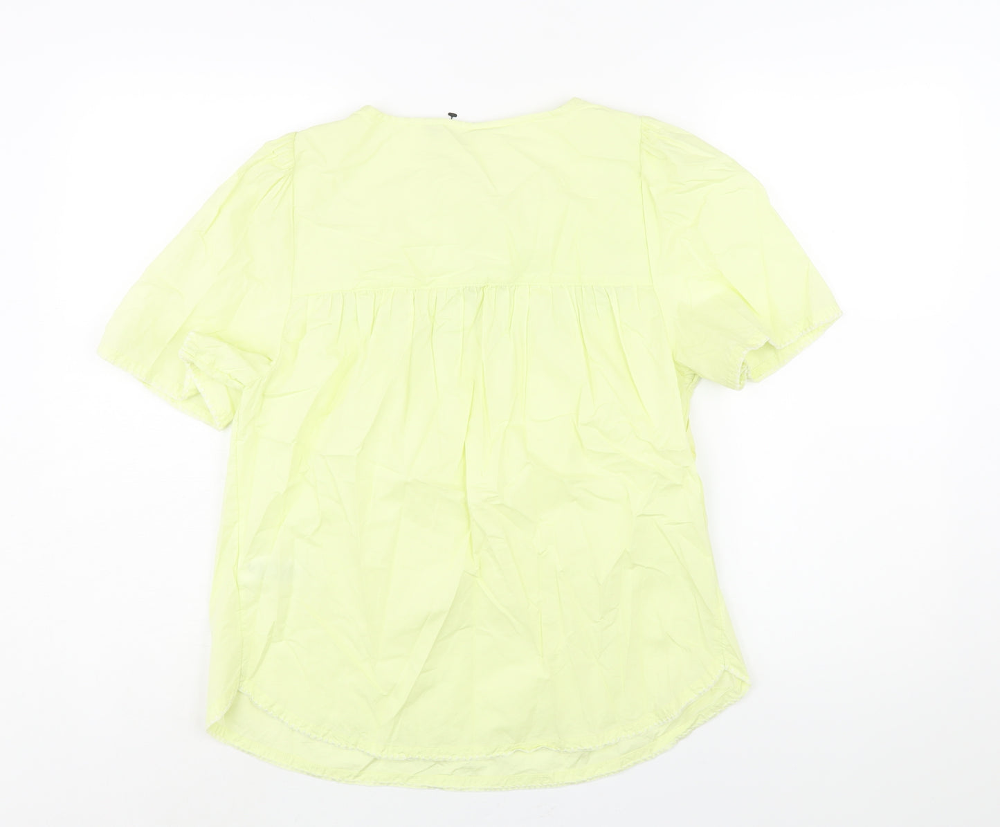 Marks and Spencer Womens Green Cotton Basic Blouse Size 8 Round Neck - Floral Embroidery