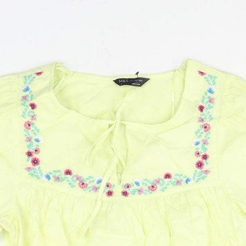 Marks and Spencer Womens Green Cotton Basic Blouse Size 8 Round Neck - Floral Embroidery