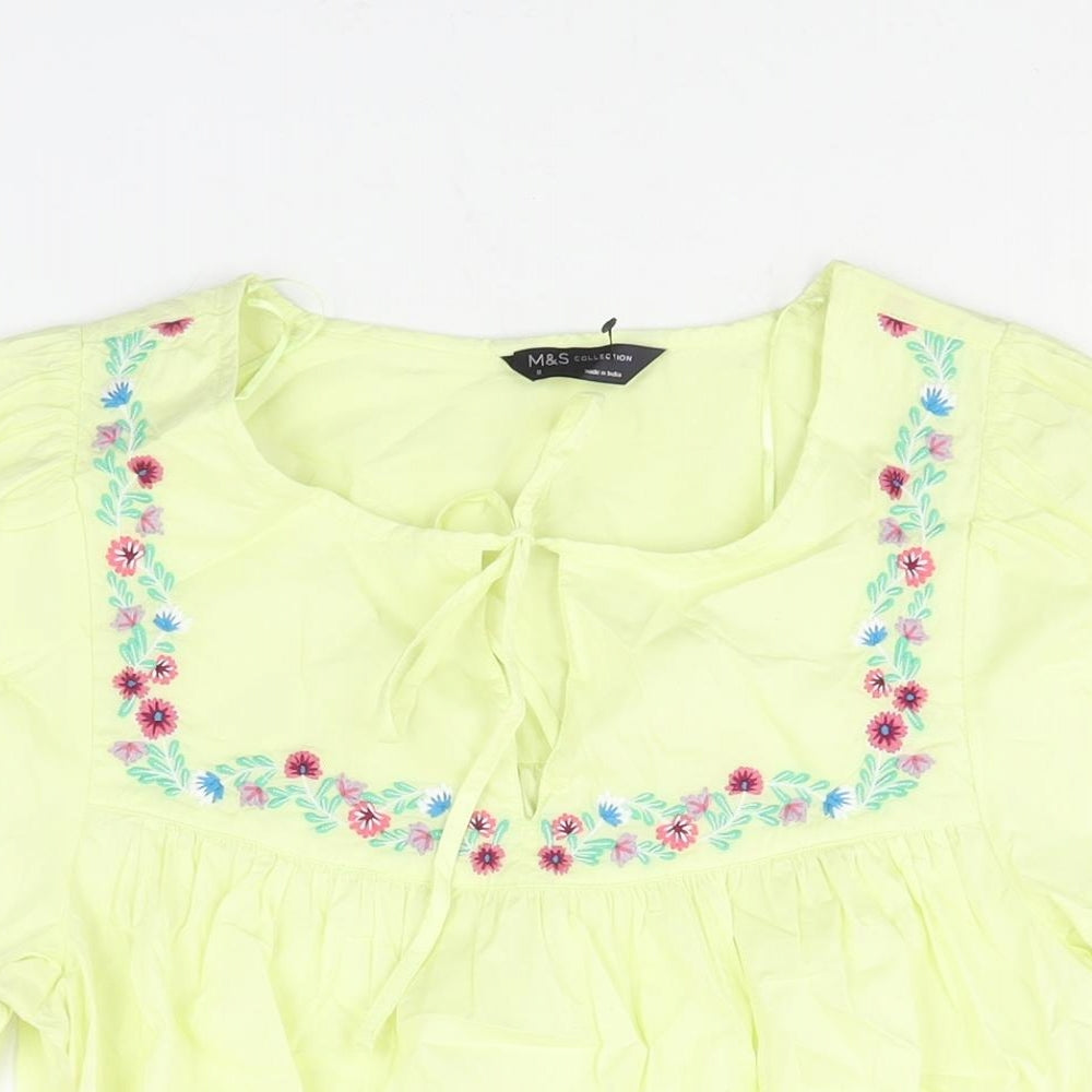 Marks and Spencer Womens Green Cotton Basic Blouse Size 8 Round Neck - Floral Embroidery