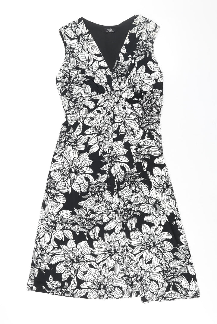 Wallis Womens Black Floral Polyester A-Line Size 10 V-Neck Pullover - Twist Detail