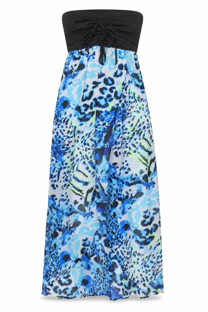 Front view of Studio women’s blue animal print polyester cover up, -, drawstring open front semi sheer