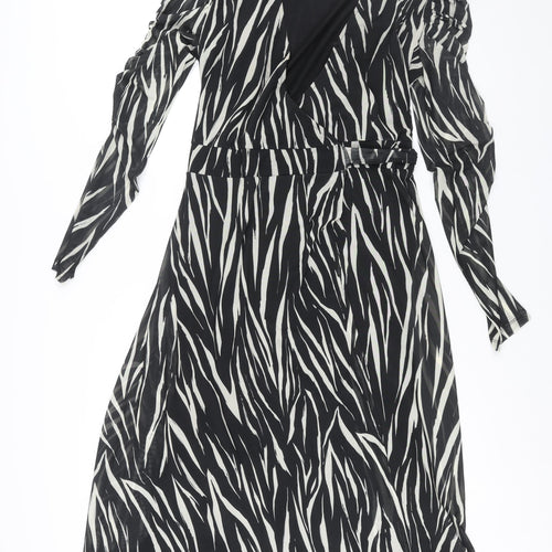 Sosandar Womens Black Geometric Polyester Wrap Dress Size 10 V-Neck Tie