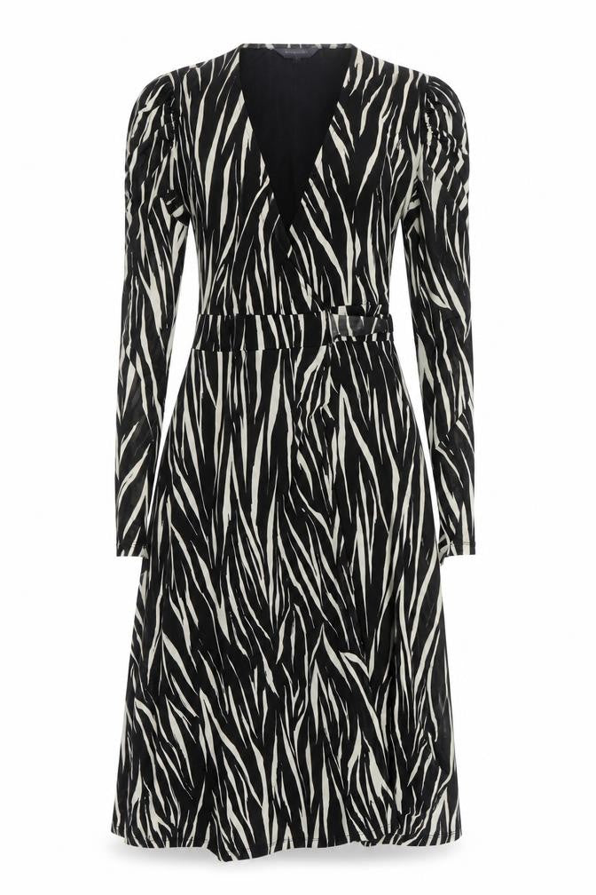 Sosandar Womens Black Geometric Polyester Wrap Dress Size 10 V-Neck Tie