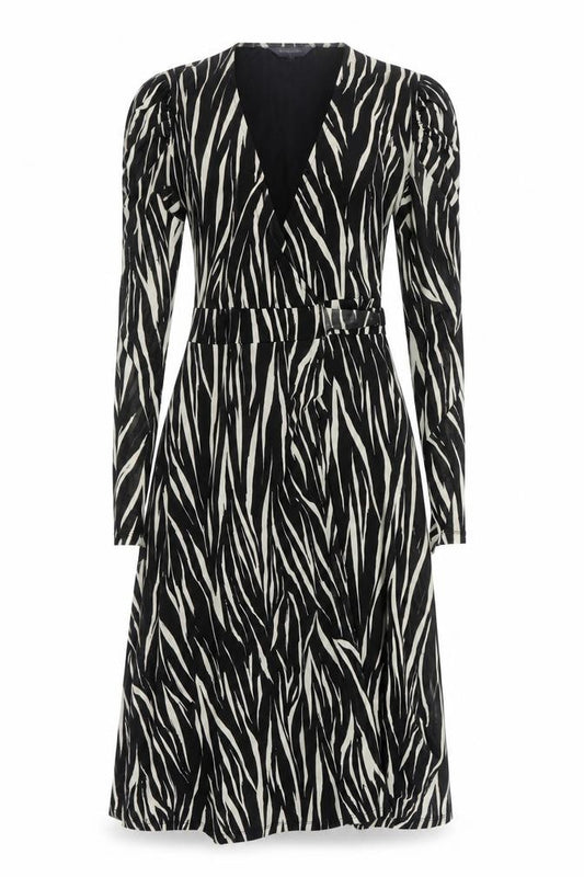 Front view of Sonsandar women’s black geometric polyester wrap dress, size UK 10, v-neck tie