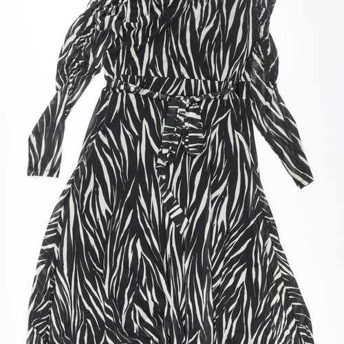 Sosandar Womens Black Geometric Polyester Wrap Dress Size 10 V-Neck Tie
