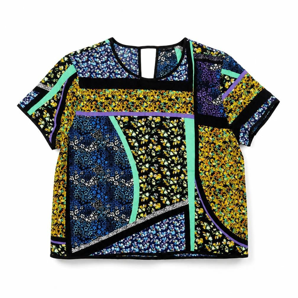 Front view of River Island women’s multicoloured geometric polyester basic blouse, size UK 18, round neck