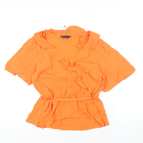 Marks and Spencer Womens Orange Viscose Basic Blouse Size 16 V-Neck - Belted Peplum Frill