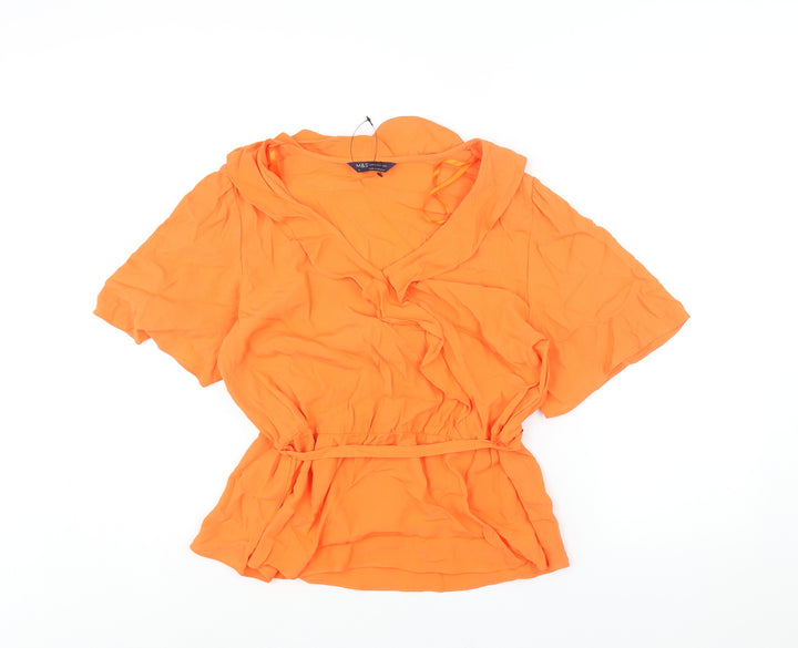 Marks and Spencer Womens Orange Viscose Basic Blouse Size 16 V-Neck - Belted Peplum Frill