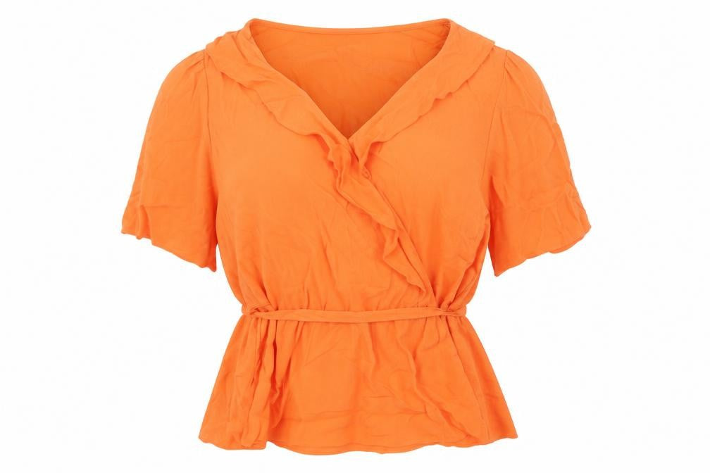 Front view of Marks & Spencer women’s orange viscose basic blouse, size UK 16, v-neck - belted peplum frill