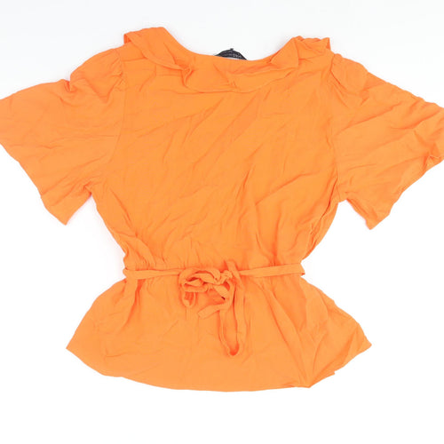 Marks and Spencer Womens Orange Viscose Basic Blouse Size 16 V-Neck - Belted Peplum Frill