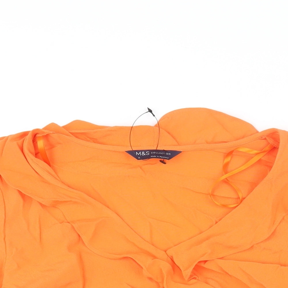 Marks and Spencer Womens Orange Viscose Basic Blouse Size 16 V-Neck - Belted Peplum Frill