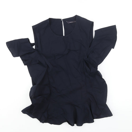 Marks and Spencer Womens Blue Cotton Basic Blouse Size 6 Round Neck - Frill Shoulder Cut Out