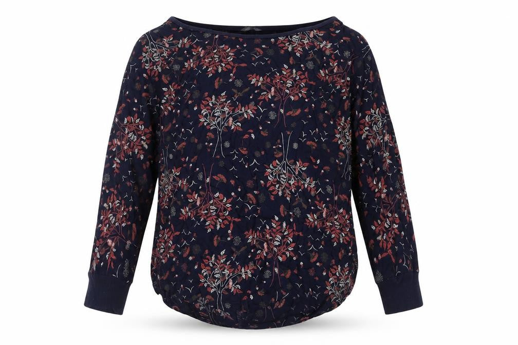 Front view of Marks & Spencer women’s blue geometric viscose basic blouse, size UK 10, boat neck