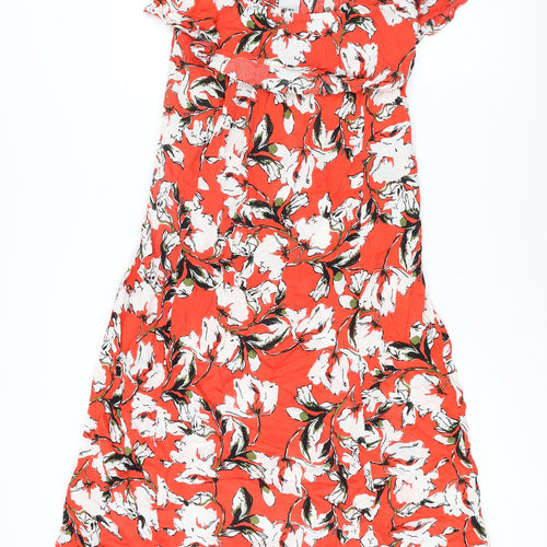 ICHI Womens Red Floral Viscose Shift Size S Scoop Neck Pullover - Frill Cold Shoulder