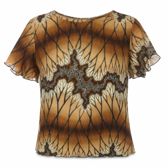 Front view of B.T.F women’s brown polyester basic blouse, size UK 12, round neck