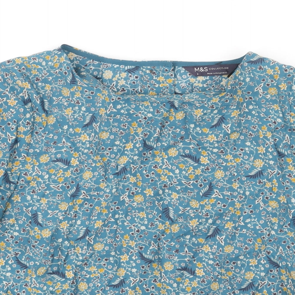 Marks and Spencer Womens Blue Geometric Modal Basic Blouse Size 6 Round Neck - Floral Print