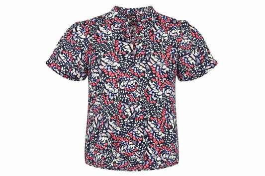 Front view of Marks & Spencer women’s multicoloured geometric viscose mini, size UK 6, v-neck tie - keyhole neck