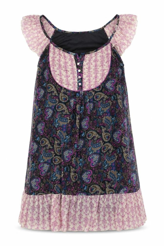 Front view of Editions women’s multicoloured geometric polyester shift, size UK 14, scoop neck button - frill