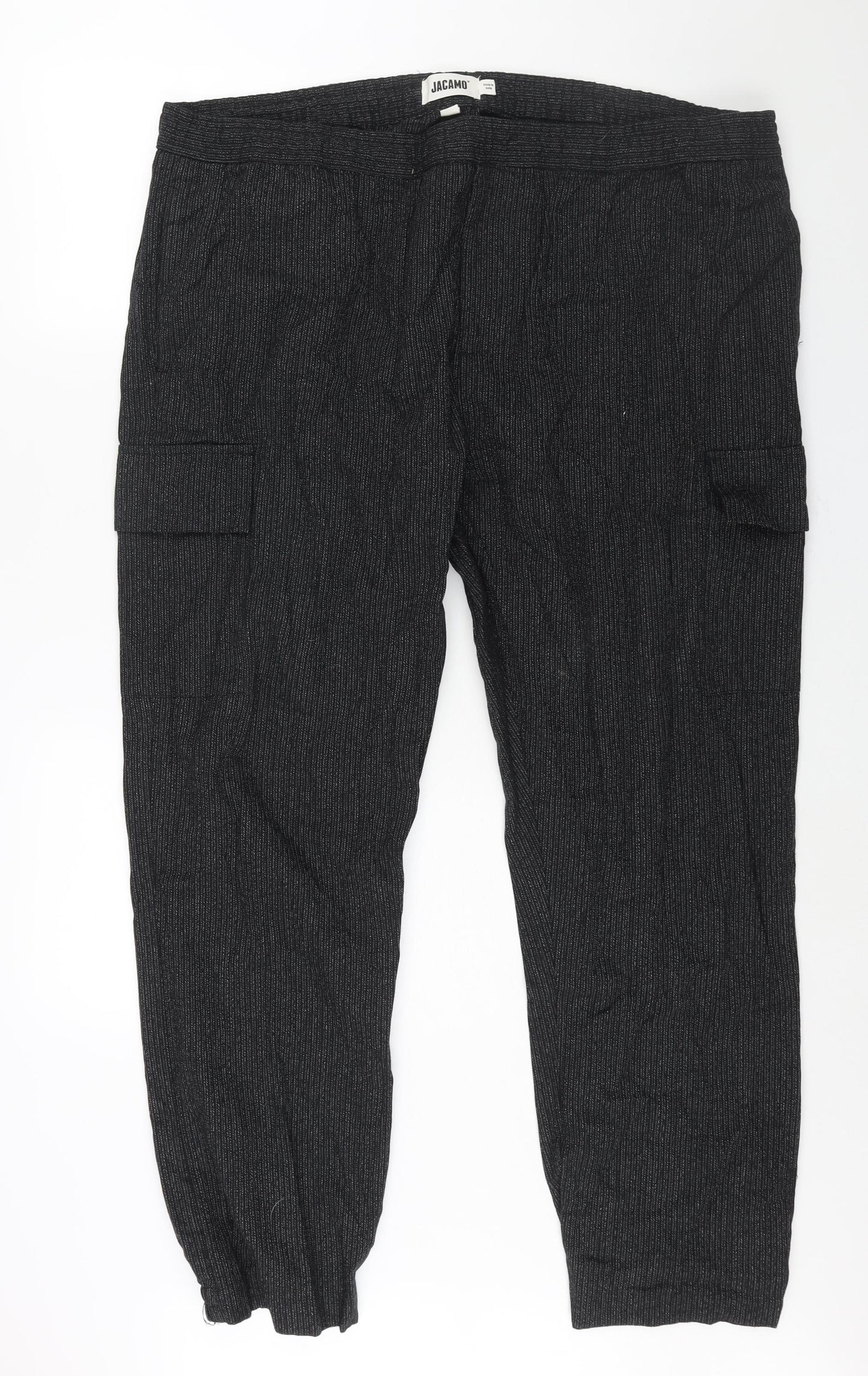 Jacamo Mens Black Herringbone Cotton Trousers Size 46 in L31 in Regular Drawstring - Cargo Style