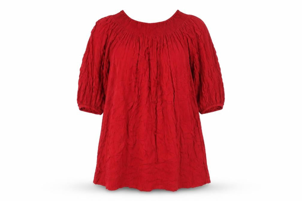 Front view of Sfera women’s red polyester mini, size M, boat neck pullover