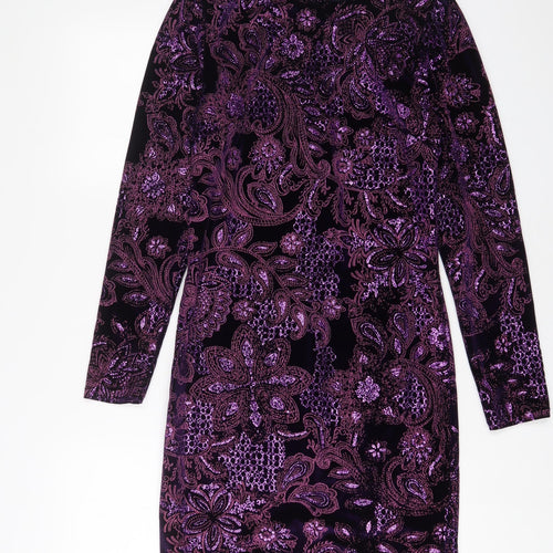 NEXT Womens Purple Fair Isle Polyester Sheath Size 10 Boat Neck Button - Embroidered, Glitter