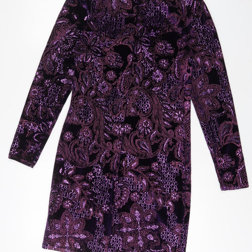 NEXT Womens Purple Fair Isle Polyester Sheath Size 10 Boat Neck Button - Embroidered, Glitter