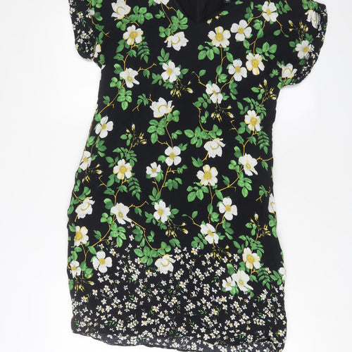 Dorothy Perkins Womens Black Floral Viscose Sheath Size 14 Scoop Neck Zip