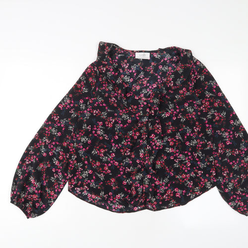 Wallis Womens Black Floral Polyester Basic Blouse Size 10 V-Neck