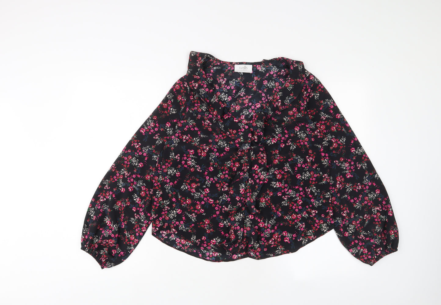 Wallis Womens Black Floral Polyester Basic Blouse Size 10 V-Neck