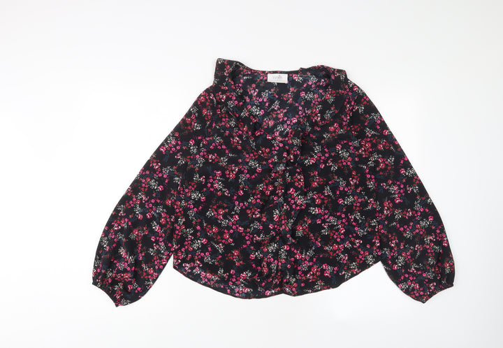 Wallis Womens Black Floral Polyester Basic Blouse Size 10 V-Neck