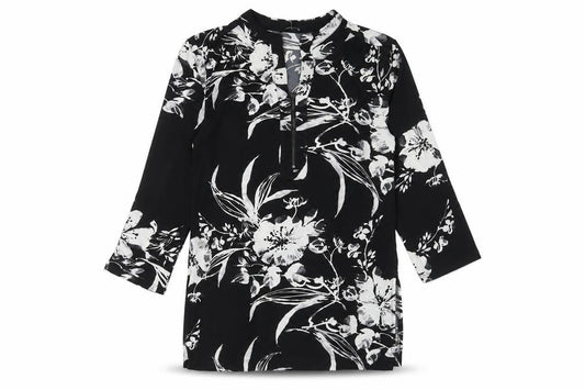Front view of Roman women’s black fair isle polyester tunic t-shirt, size UK 10, v-neck