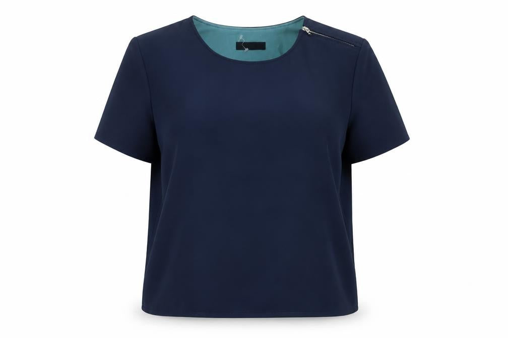 Front view of Autograph women’s blue polyester basic t-shirt, size UK 10, crew neck