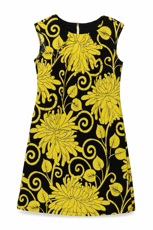 Front view of Wallis women’s yellow geometric polyester a-line, size S, boat neck button