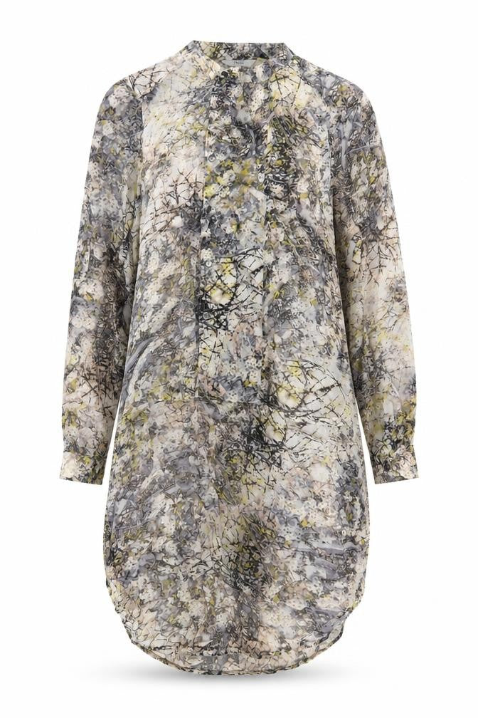 Front view of Next women’s grey geometric viscose a-line, size UK 12, crew neck button