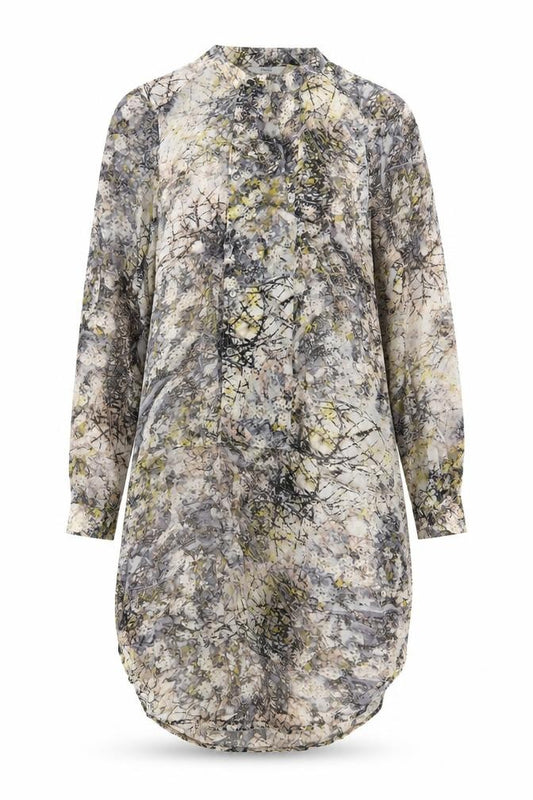 Front view of Next women’s grey geometric viscose a-line, size UK 12, crew neck button